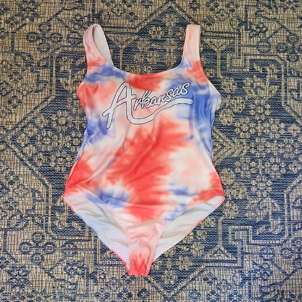 Red and Blue Tie-Dye One Piece Swimsuit with Wide Straps